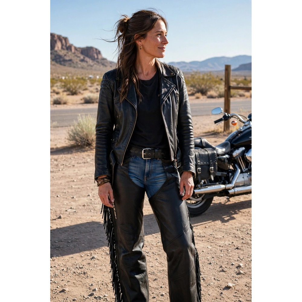 Dream Apparel Leather Chaps Womens 3XL Black Fringe Biker Western